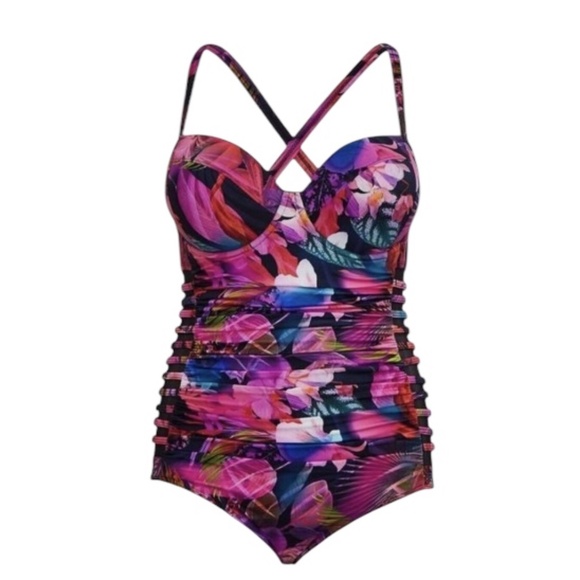 Torrid Slim Fix Underwire Lattice Side One Piece Swimsuit Multi Leaves Bathing - Picture 8 of 11